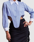 blusa de manga larga, blusa cropped, blusa con accesorio de corset, blusa azul, blusa con cuello formal, blusa para mujer, blusa para hombre, regalo para mujer, regalo para hombre, diseño mexicano, marca mexicana, hecho a mano, hecho en México