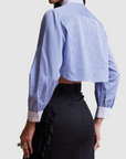 blusa de manga larga, blusa cropped, blusa con accesorio de corset, blusa azul, blusa con cuello formal, blusa para mujer, blusa para hombre, regalo para mujer, regalo para hombre, diseño mexicano, marca mexicana, hecho a mano, hecho en México