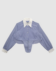blusa de manga larga, blusa cropped, blusa con accesorio de corset, blusa azul, blusa con cuello formal, blusa para mujer, blusa para hombre, regalo para mujer, regalo para hombre, diseño mexicano, marca mexicana, hecho a mano, hecho en México