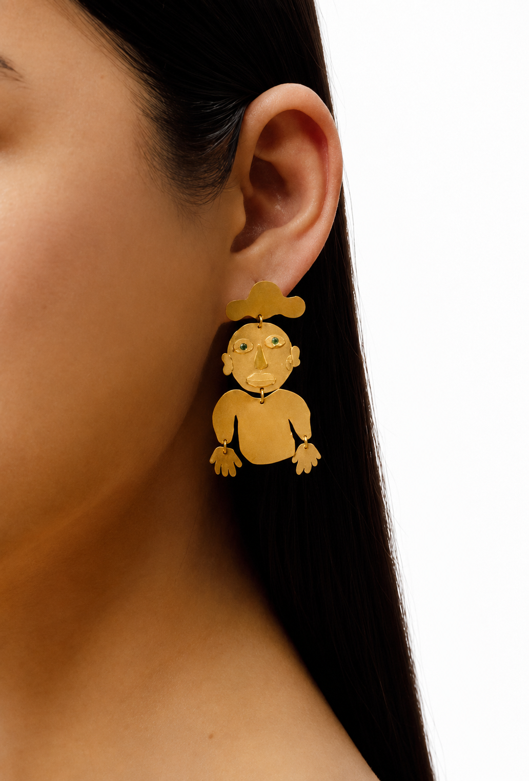 aretes articulados de figuras humanas, hecho a mano, caras, marca mexicana, tumbaga, esmeraldas, arte, aretes grandes, aretes no pesados, regalo de cumpleaños para mujer, regalo de aniversario para mujer, regalo para hombre, diseño mexicano, hecho en México
