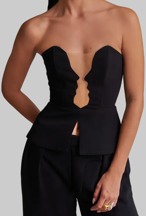 top strapless, top sin mangas, top sin tirantes, top negro, top con mesh, top con siluetas de perfiles acercándose, diseño mexicano, marca mexicana, hecho en México, hecho a mano